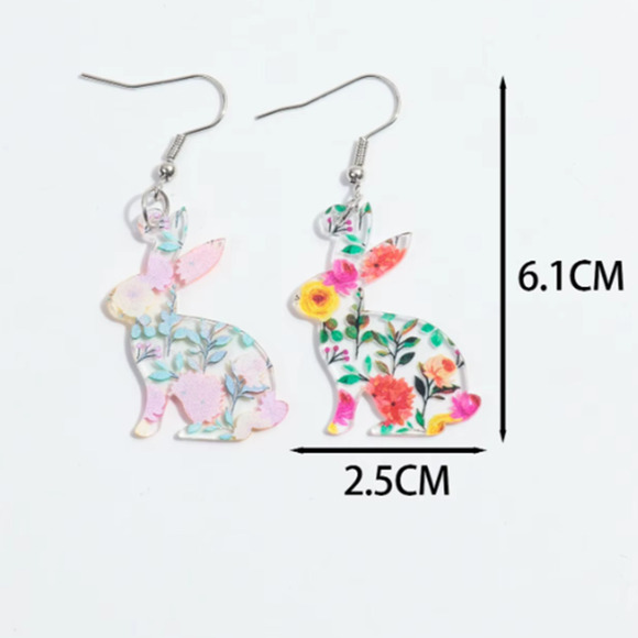 Acrylic Multicolored Bunny Dangle Earrings Easter Rabbit Spring Earrings - Picture 2 of 6